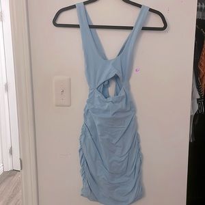 Light blue tight ruched mini dress.
